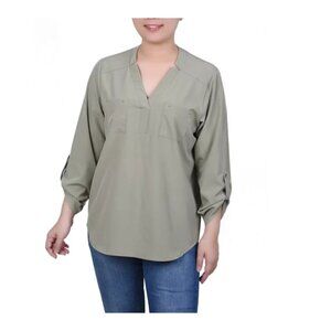 NY Collection Roll Tab Sleeve Blouse with Pockets Tea Green Petite Size PM